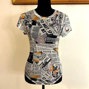 White Black Color Butterfly Newspaper Print Bodysuit by Rue 21, Sz. XS.